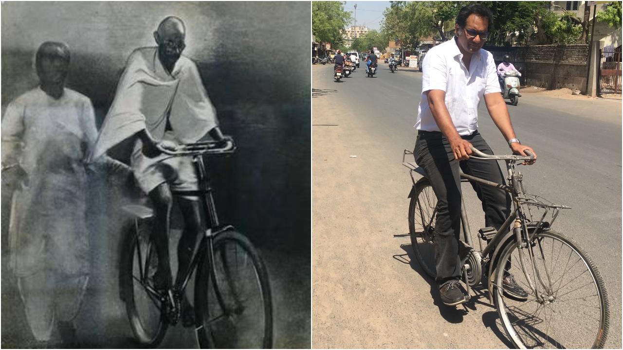 સાયકલ સવાર ગાંધીજીની તસવીર 1928ની છે. તૈયાર સાયકલની ટેસ્ટ રાઇડ લેતાં રિયાઝ તૈયબજી - તસવીર સૌજન્ય રિયાઝ તૈયબજી