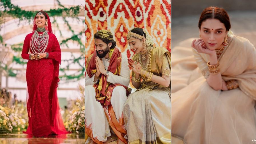 Aditi Rao Hydari, Sobhita Dhulipala, and Nayanthara on their wedding day