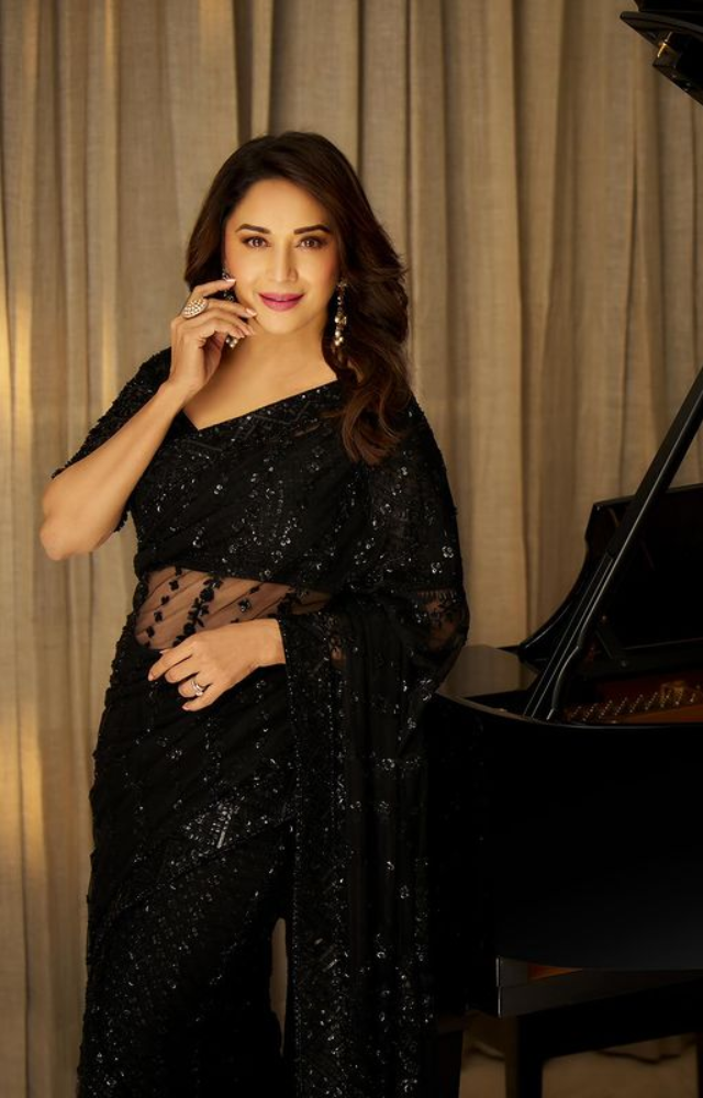 Madhuri Dixit's Saree Look! – South India Fashion | Stylish sarees, Party  wear indian dresses, Black saree blouse designs