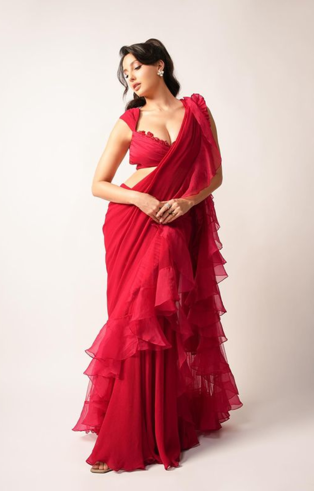 Ruby Red Floral Embellished Pre-Stitched Sari Gown – Preserve